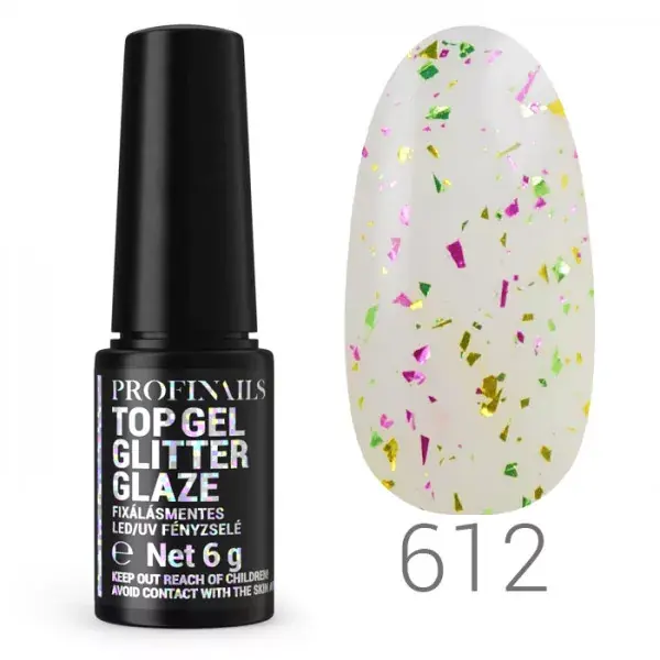 Gyors szállítás Profinails Top Gél Glitter Glaze fixálásmentes LED/UV fényzselé 6g No. 612