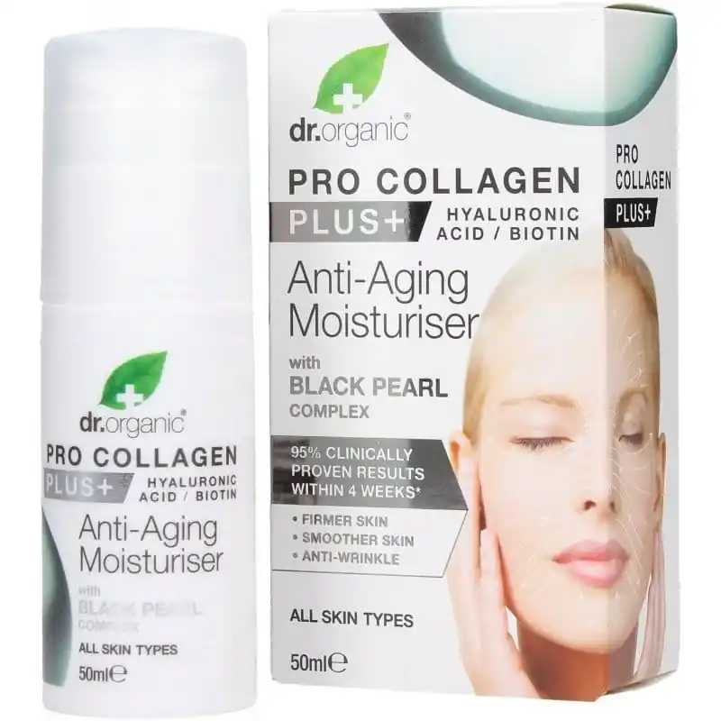 Árcsökkenés Dr. Organic Pro Collagen Anti-Aging hidratáló arckrém fekete gyönggyel – 50ml