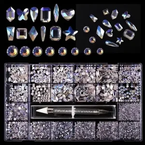 Strassz box Prémium SS3-SS14 Crystal irizáló + formastrassz + ajándék strasszfelszedő Különleges ajánlat
