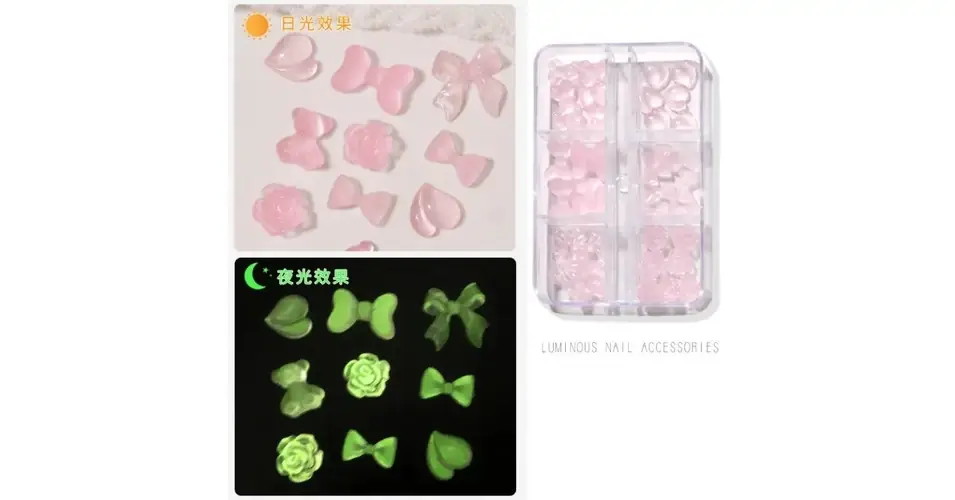 Nail Art Box sötétben foszforeszkáló 3D körömdíszítő formák masni szív virág 1 pink Akció