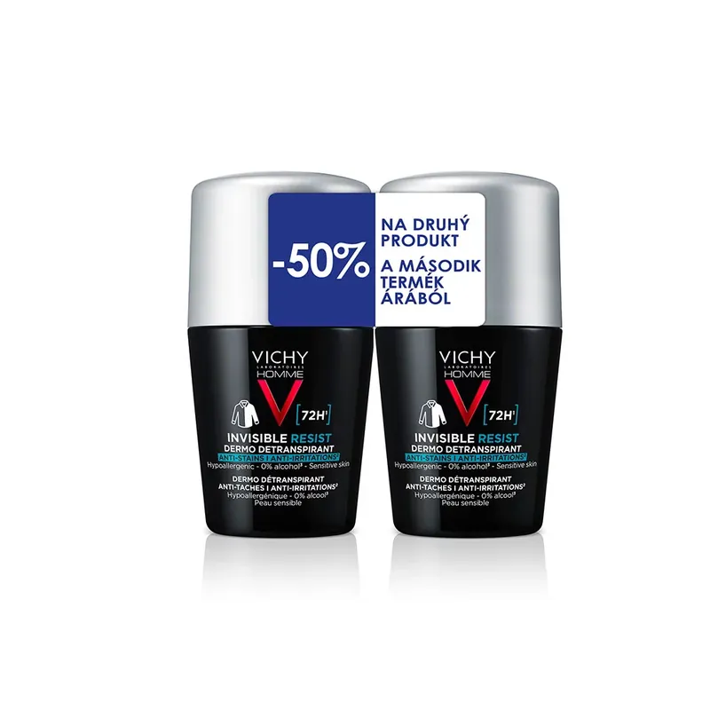 Szezonális akció VICHY Homme Invisible Resist 72H foltmentes dezodor duopack (50ml+50ml)