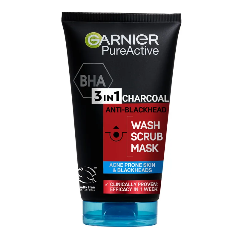 Garnier Skin Naturals Pure Active 3in1 Gel + Scrub + Anti-Blackhead Mask 3 az 1-ben tisztító fekete maszk, bőrradír és gél aktív szénnel a mitesszerek ellen, zsíros és problémás bőrre Expressz kézbesítés