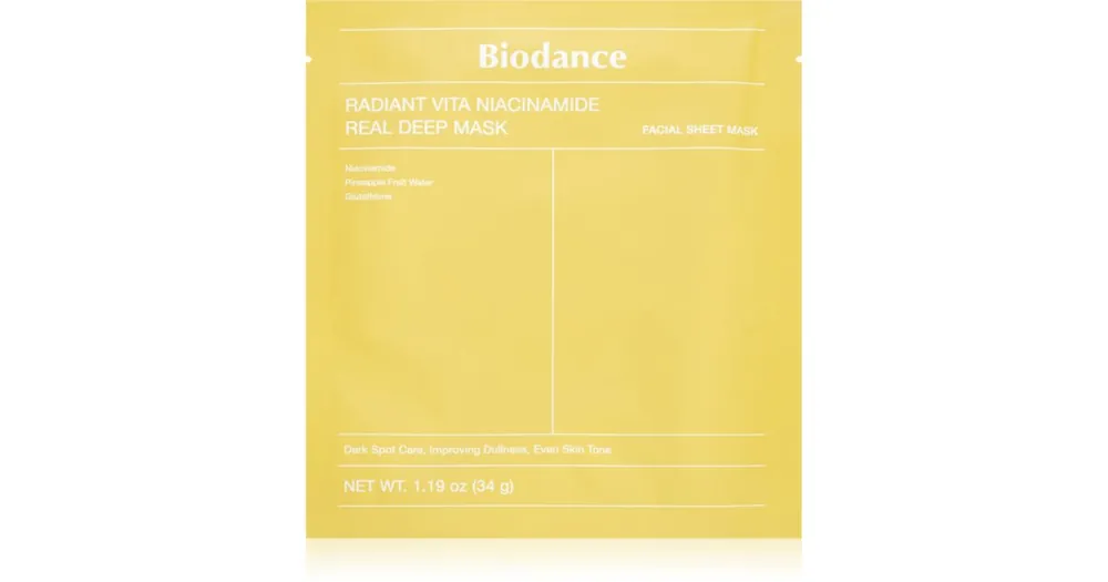 Végkiárusítás BiodanceRadiant Vita Niacinamide Real Deep Mask élénkítő arcmaszk egységesíti a bőrszín tónusait