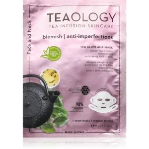 Népszerű TeaologyTea Glow Blemish AHA Purifying Mask arcmaszk tisztító és frissítő hatással nyakra és a dekoltázsra