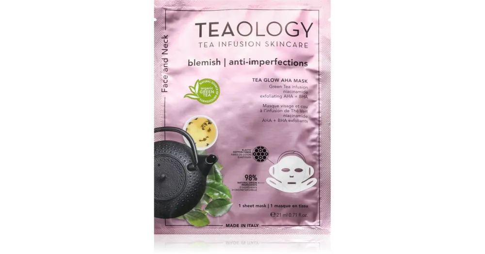 Népszerű TeaologyTea Glow Blemish AHA Purifying Mask arcmaszk tisztító és frissítő hatással nyakra és a dekoltázsra